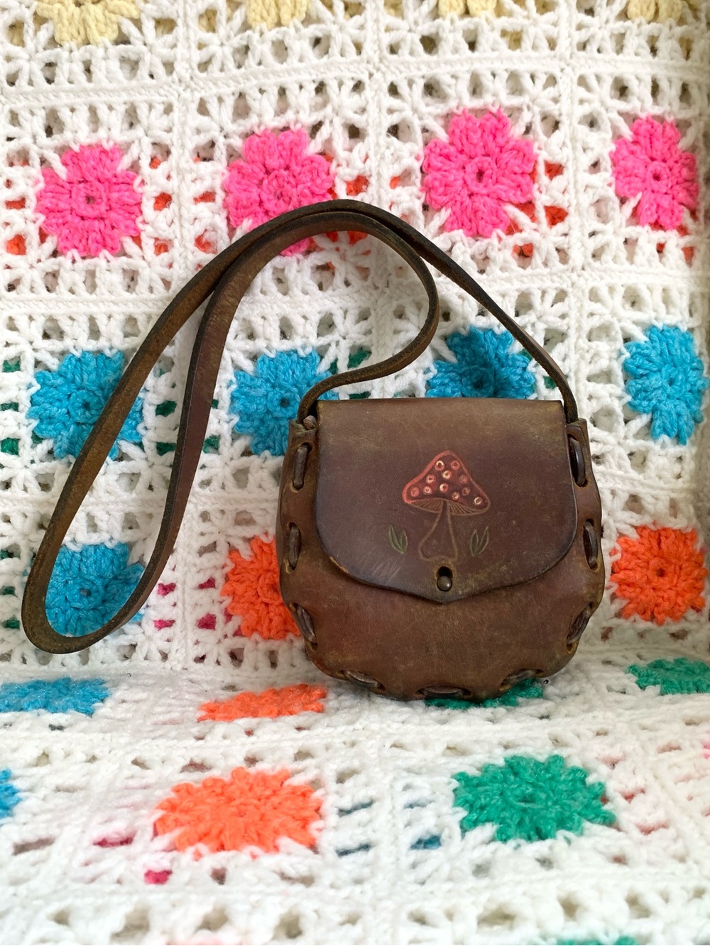 Vintage 1970’s Leather Hand Painted Mushroom Boho Small Handbag Purse